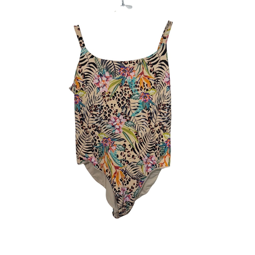 Andie One Piece Swimsuit Womens XXL Tan Tropical Floral Leopard Criss Cross